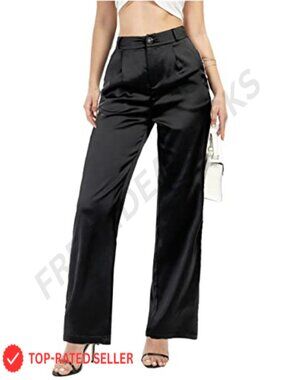Wide Leg Satin High Rise Pleated Dress Pants Wedding Cocktail Trousers